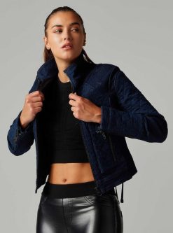 Wholesale Blanc Noir Veste De Moto En Jean Seville Rincage Du Denim Fonce