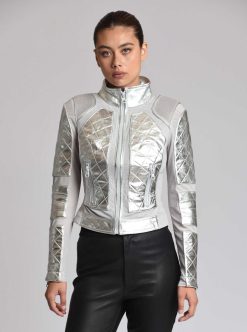 Online Blanc Noir Veste De Moto En Maille Metallisee Argent