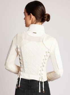 Clearance Blanc Noir Veste De Moto En Maille Suedee Avec Bordures Dorees Alysse Blanche