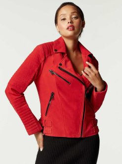 New Blanc Noir Veste De Moto En Daim Cherie Haute Rouge