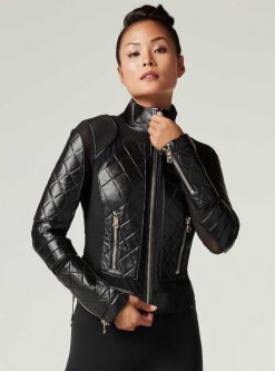 Best Blanc Noir Veste De Moto En Maille Avec Cuir Noir Et Bordures Dorees - Gold Collection Or Noir