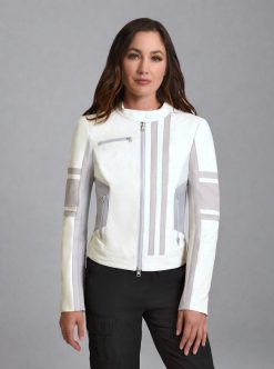 New Blanc Noir Veste De Course En Cuir Claudine