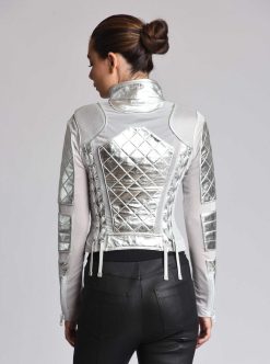 Online Blanc Noir Veste De Moto En Maille Metallisee Argent