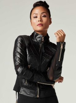 Best Blanc Noir Veste De Moto En Maille Avec Cuir Noir Et Bordures Dorees - Gold Collection Or Noir