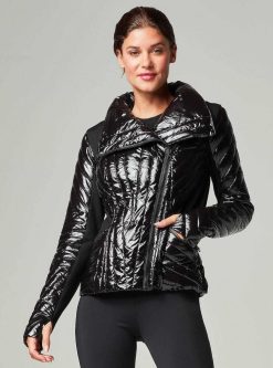 Wholesale Blanc Noir Motion Panel Puffer Shiny - Rempli De Duvet Noir Brillant/Noir