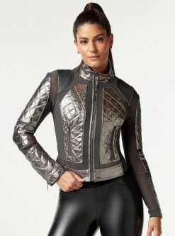 Hot Blanc Noir Veste De Moto En Maille Metallisee Bronze A Canon / Fer Forge