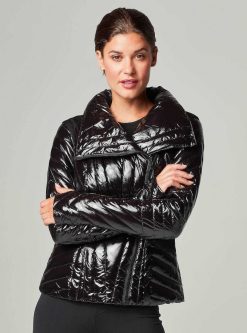 Wholesale Blanc Noir Motion Panel Puffer Shiny - Rempli De Duvet Noir Brillant/Noir