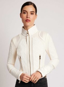 Clearance Blanc Noir Veste De Moto En Maille Suedee Avec Bordures Dorees Alysse Blanche