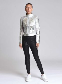 Online Blanc Noir Veste De Moto En Maille Metallisee Argent