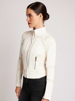 Clearance Blanc Noir Veste De Moto En Maille Suedee Avec Bordures Dorees Alysse Blanche