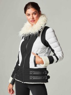 New Blanc Noir Doudoune Moto Aviator - Remplie De Duvet Blanc Casse