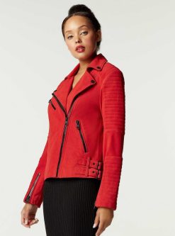 New Blanc Noir Veste De Moto En Daim Cherie Haute Rouge