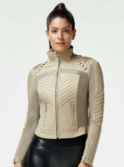 Best Blanc Noir Veste En Cuir En Maille Acceleration Moto Taupe Clair