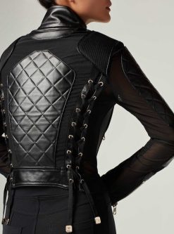 Best Blanc Noir Veste De Moto En Maille Avec Cuir Noir Et Bordures Dorees - Gold Collection Or Noir